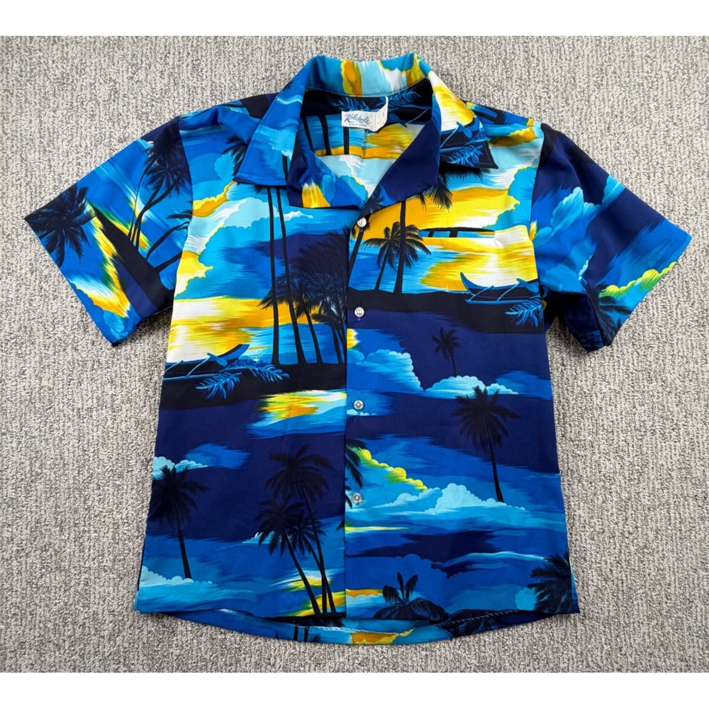Kole Kole Hawaiian Shirt Men Large Blue Sunset Palm Tree Tropical Made in Hawaii